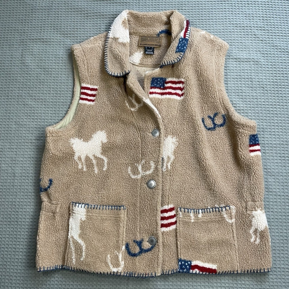 Roughrider Circle T Western Vest Large Womens Sherpa Fleece Patriotic Flag Horse
